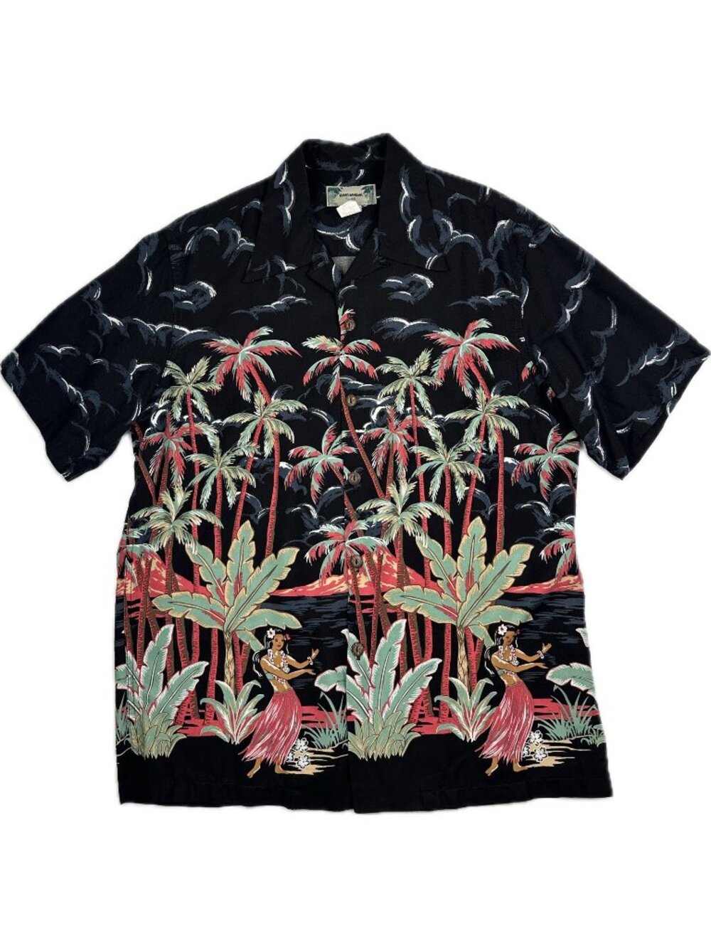 Kamehameha Rayon Black Hawaiian Shirt Palm Trees Hawaii Hula Girl Luau M VTG